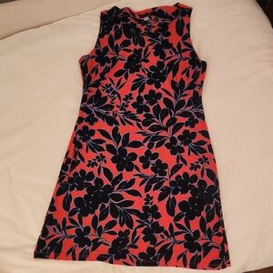 Floral Sleeveless Dress - Navy Blue and Red